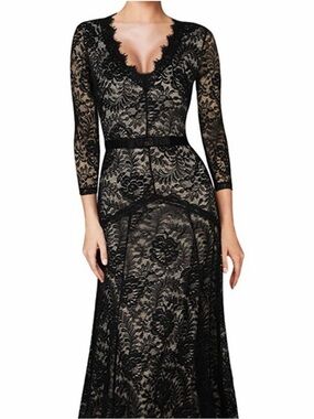 Elegant Black Lace Maxi Dress with Nude Lining